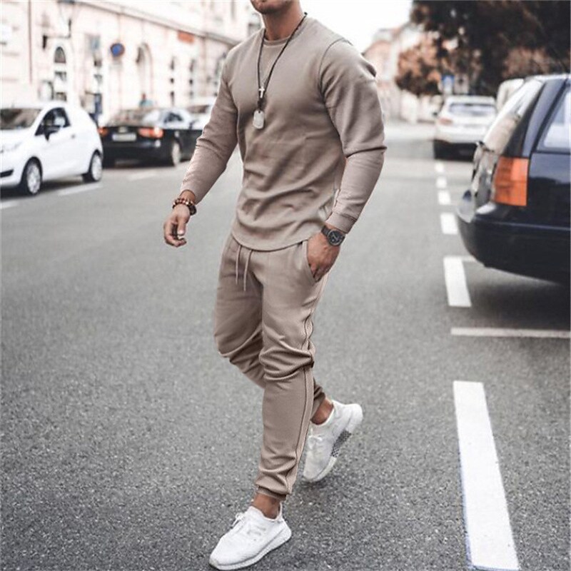 Men's Solid Crew Neck Shirt Elastic Waist Pocket Pant Tracksuit