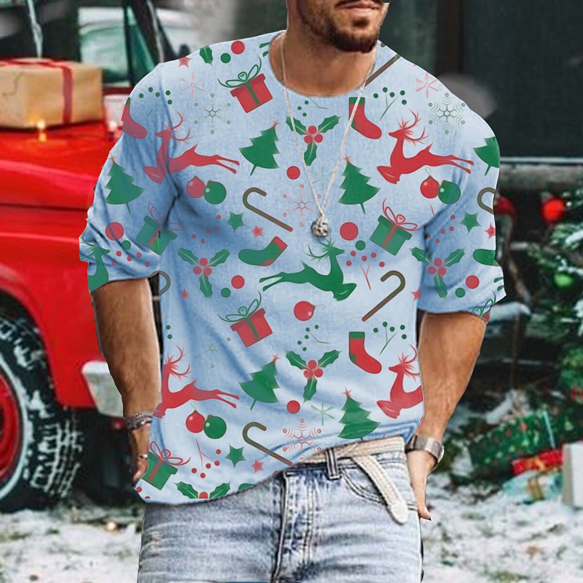 Men's Christmas Tree Print Crew Neck Sweatshirt Hooded Sweatshirts