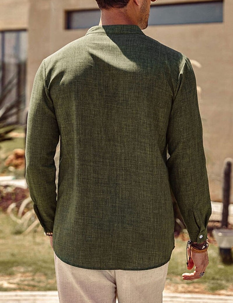 Men's Linen Button Up Summer Shirt Beach Shirt Black White Blue Long Sleeve Plain Band Collar Casual Daily Clothing Apparel Top