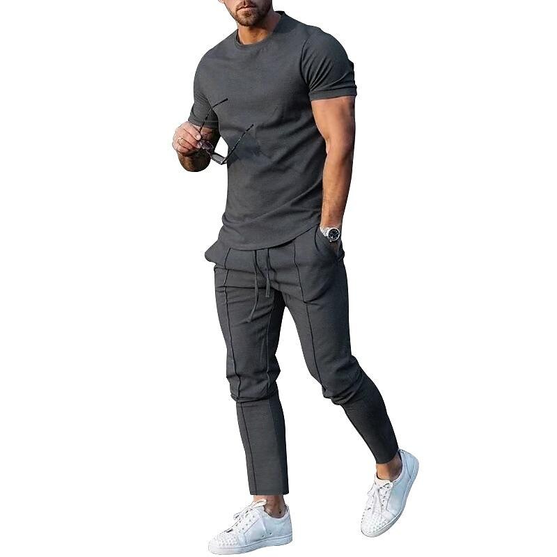 Men's Solid Color Crew Neck Shirt Pocket Elastic Pant Sport Set
