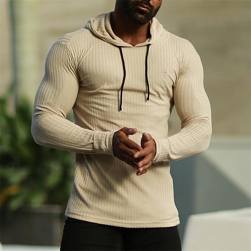 Men's Casual Sport Beige Solid Color Long Sleeve Hooded Sweatshirt