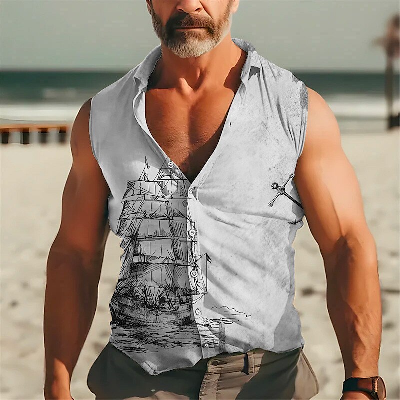 Men's Linen Shirt Graphic Prints Vintage Sailboat Turndown Outdoor Street Sleeveless Print Linen Fashion Shirt 