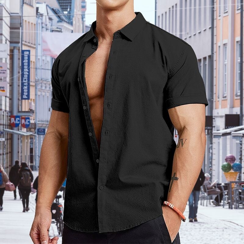 Men's Outdoor Casual Beach Fashion Vacation Breathable Comfortable Light Plain Lapel Short Sleeves T Shirt