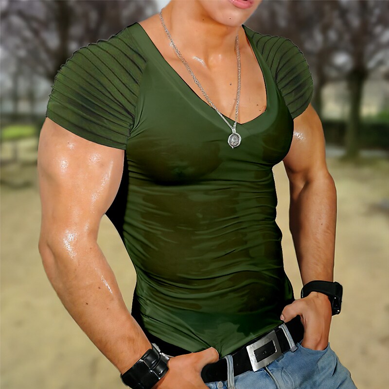 Men's Breathable T shirt Plain Pit Strip V Neck Street Vacation Short Sleeves Fashion Basic Muscle Fitness Top 