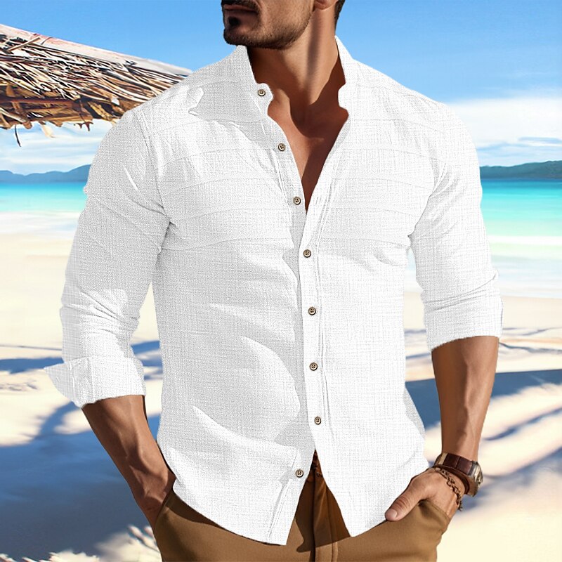 Men's Shirt Linen Beach Shirt Long Sleeve Plain Band Collar Spring & Summer Casual Daily  Shirt 