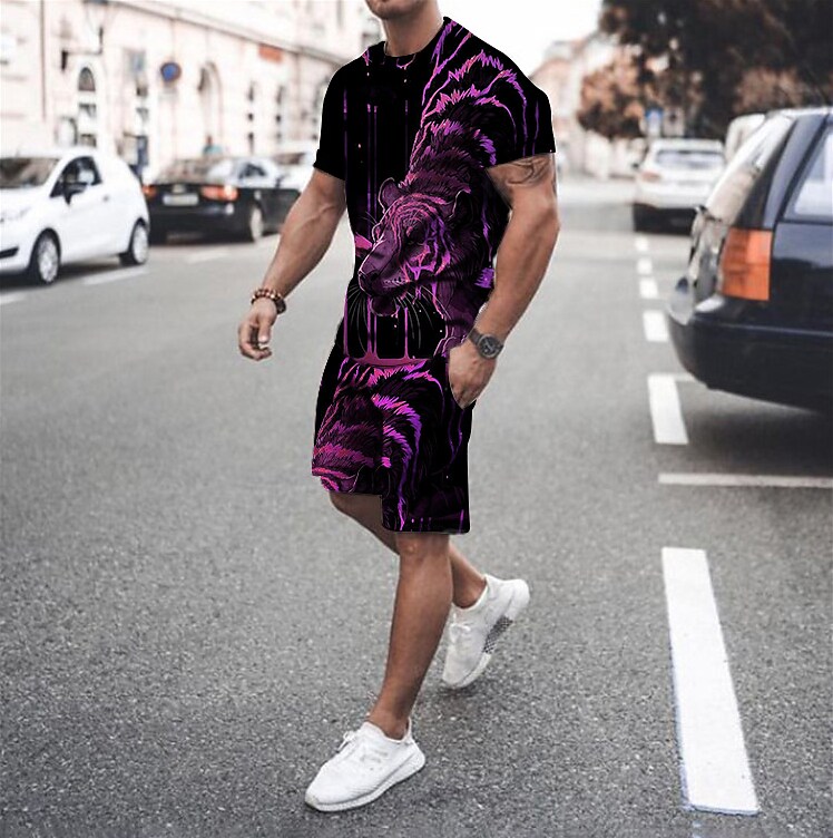 Men's Tiger Shorts Sleeve Shirt Daily Short Casual Tracksuit
