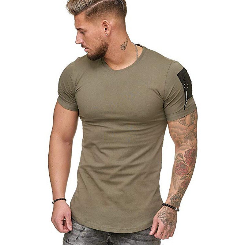 men's gym muscle athletic t-shirt fashion zipper workout cotton shirt slim fit summer short sleeve top