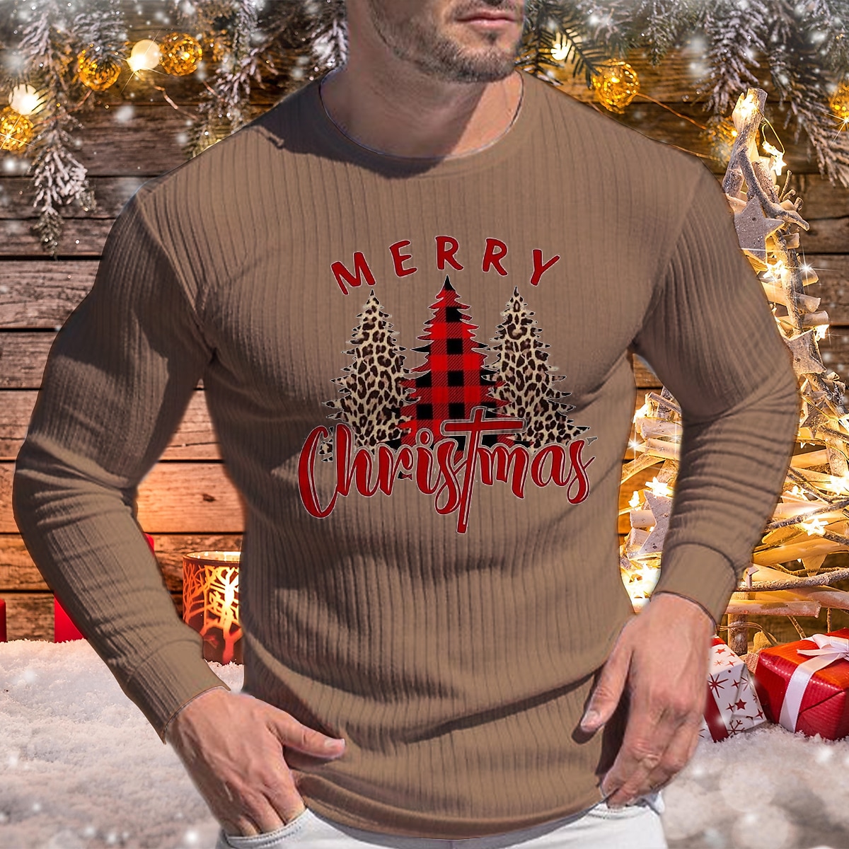 Men's Christmas Print Crew Neck Street Long Sleeve Casual Shirt