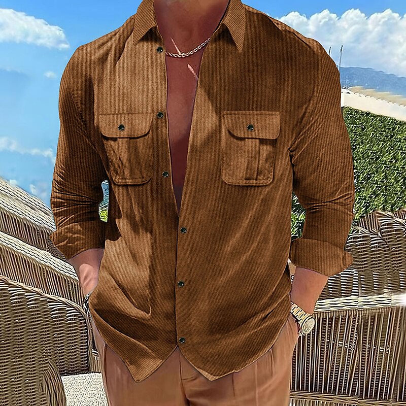 Men's Shirt Jacket Shacket Overshirt Wine Blue Brown Long Sleeve Plain Lapel Outdoor Daily Pocket Shirt 