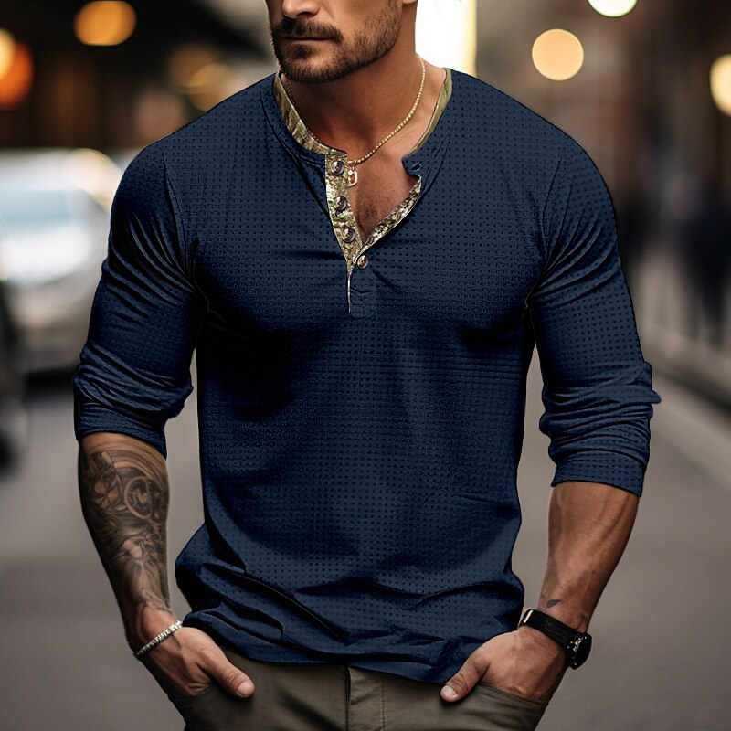Men's Waffle Henley Shirtt Top Patchwork Henley Street Vacation Long Sleeve Fashion Designer  Henley Shirt