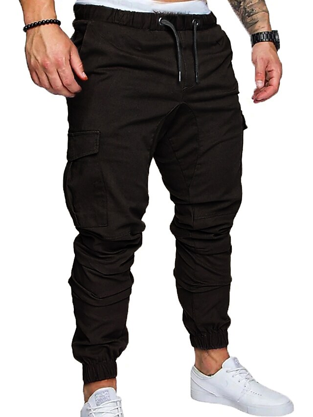 Men's Cotton Solid Color Elastic Waist Full Length Pocket Sweatpants