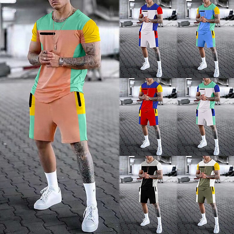 Men's Shorts and T Shirt Set Outfits Block Crew Neck Print Outdoor Dai