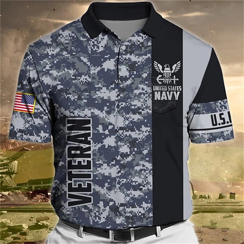 Men's Button Up Polo Shirt  Graphic Prints Camo / Camouflage Veterans Turndown Outdoor Street Short Sleeves Print Sports Golf Shirt