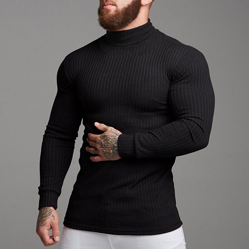 Men's T shirt Turtleneck shirt Long Sleeve Shirt Plain Rolled collar Casual Long Sleeve Lightweight Classic Casual Muscle Top