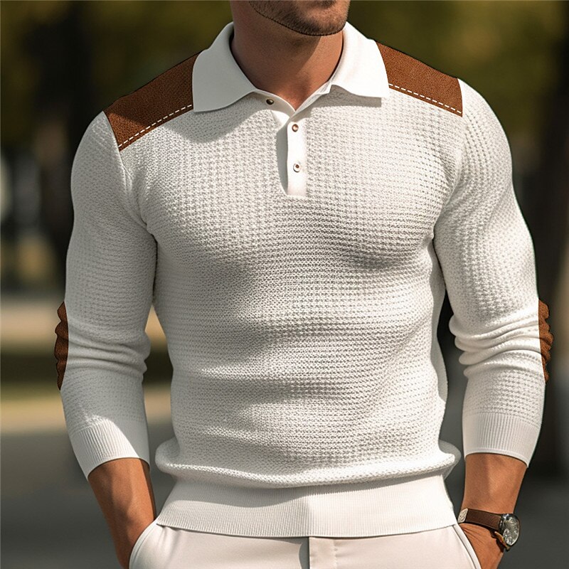 Men's Waffle Polo Shirt Button Up Polos Casual Sports Lapel Long Sleeve Fashion Basic Color Block Button Summer  Waffle Polo Shirt