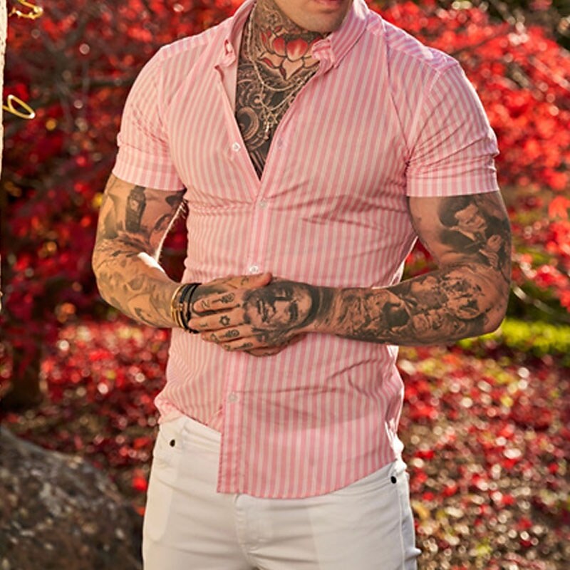 Men's Button Up Summer Casual Shirt Short Sleeve Striped Turndown Stre