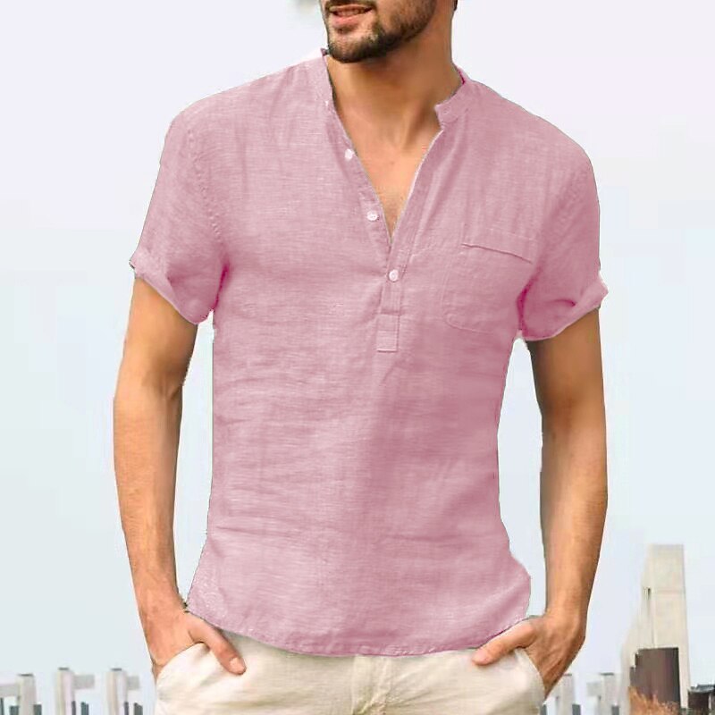 Men's Linen Shirt Summer Shirt Beach Shirt Black White Pink Short Sleeve Plain Collar Daily Leisure Sports Clothing Apparel Top