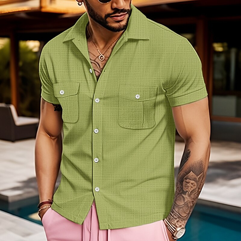 Men's Linen Button Up Summer Shirt Beach Shirt Short Sleeve Plain Lapel Casual Pocket Shirt 