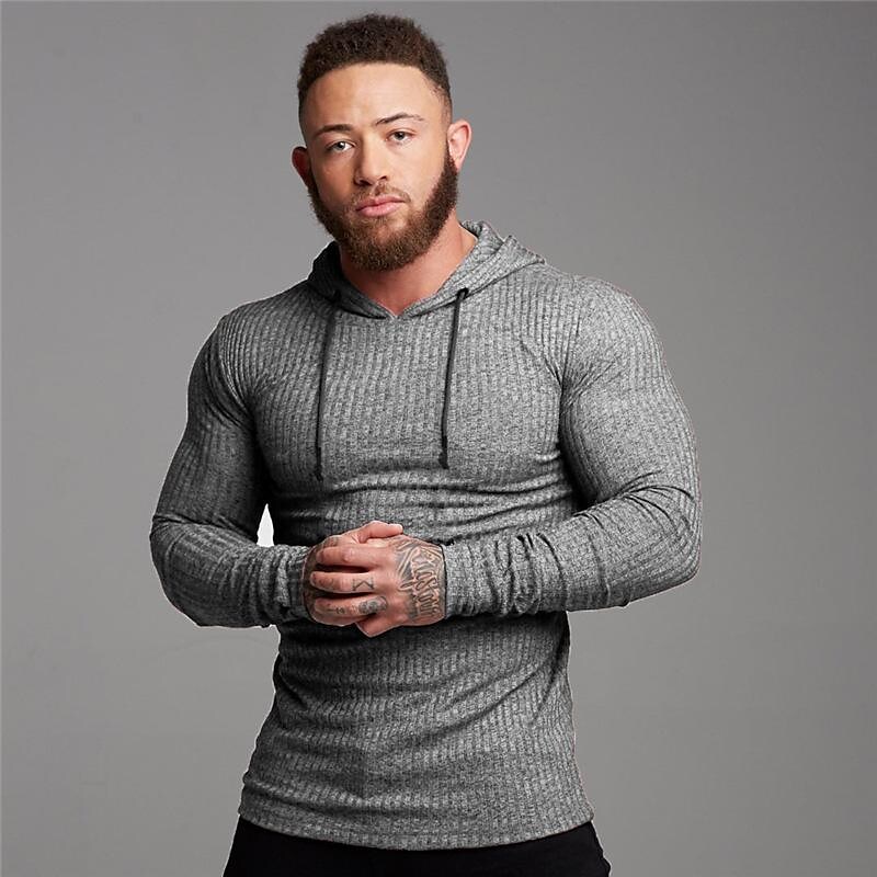 autumn and winter thin hooded long-sleeved t-shirt men striped slim casual fitness sports sweater training bottoming shirt