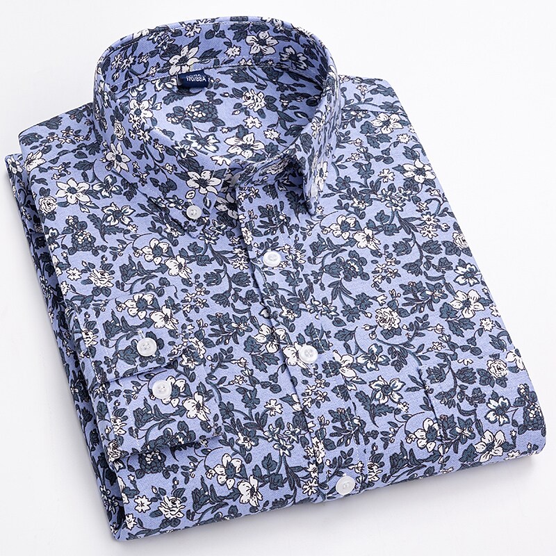 Men's Oxford Solid Color Floral Button Down Collar Long Sleeve Shirt