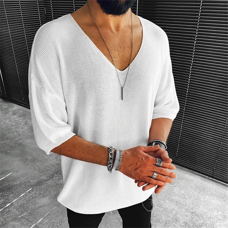 Men's Solid Color V Neck Casual Daily Half Sleeve Tops