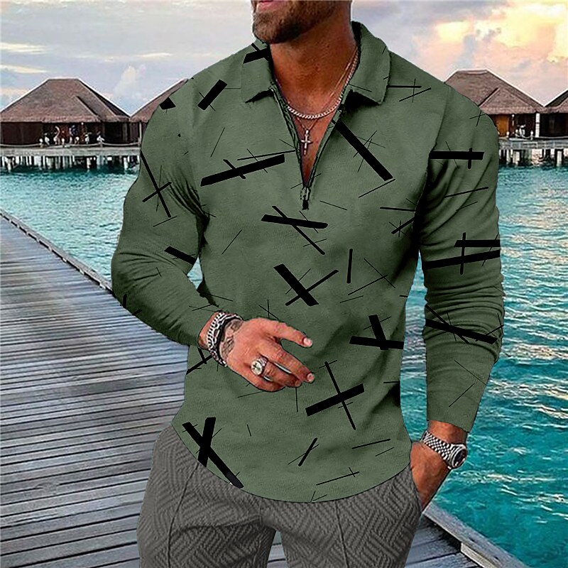 Men's Golf Shirt 3D Print Geometry Turndown Street Casual Zipper Print Long Sleeve Tops Designer Casual Fashion Breathable Green Blue Gray
