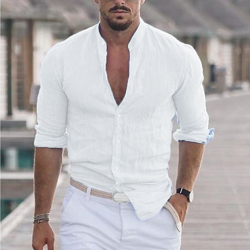 Men's Solid Color Collar Street Long Sleeve Cotton Lightweight Shirts