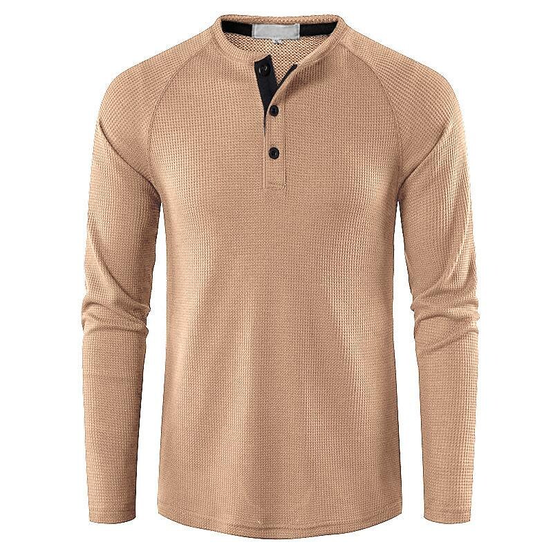 Men's Casual Solid Color Long Sleeve Round Neck Button Henley Shirt
