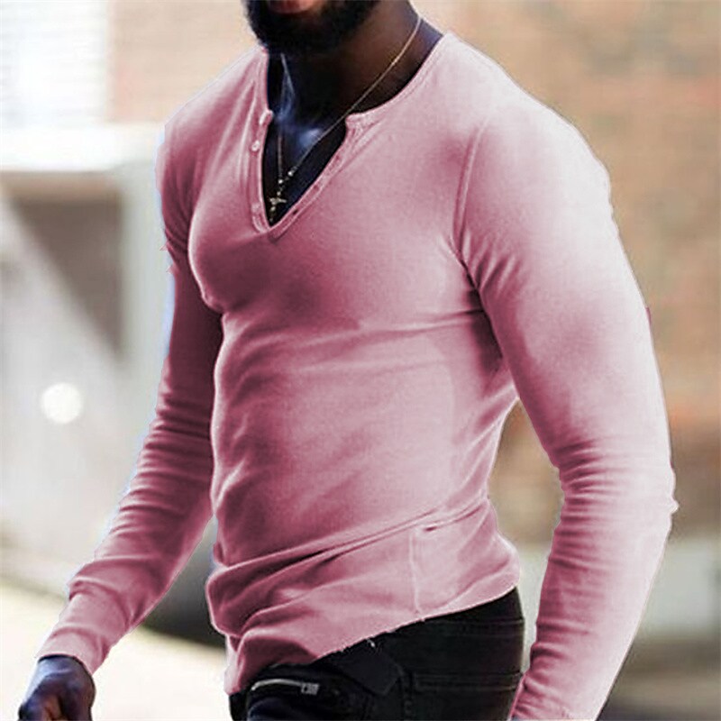 Men's Street Comfortable Solid Color Muscle Long Sleeve V Neck Shirt