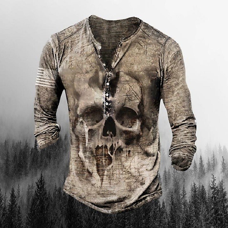 Men's Henley Shirt T shirt Tee Graphic Patterned Skull Plus Size Henley Street Casual Button-Down Print Long Sleeve Tops 
