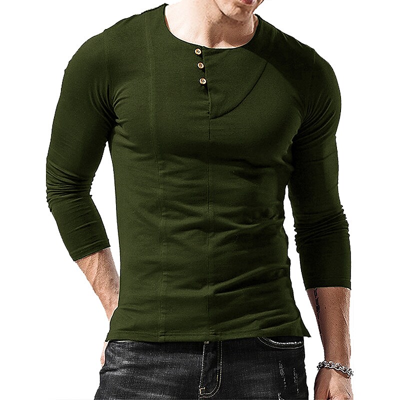Men's Outdoor Simple Solid Color Long Sleeve Round Neck Henley Shirt