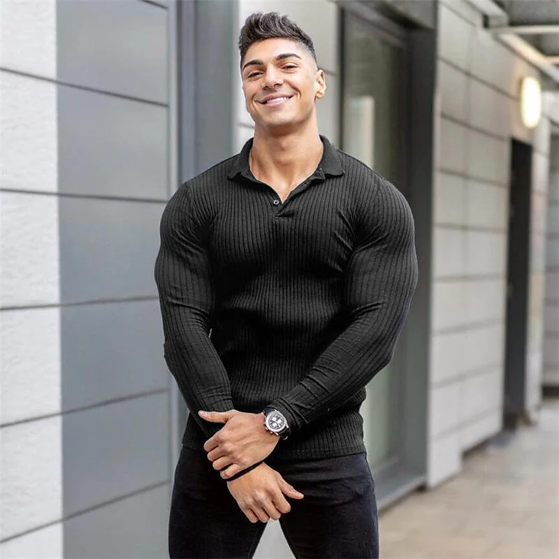 Men's Long-sleeved Knitted Elastic Breathable Lapel Fitness T-shirt