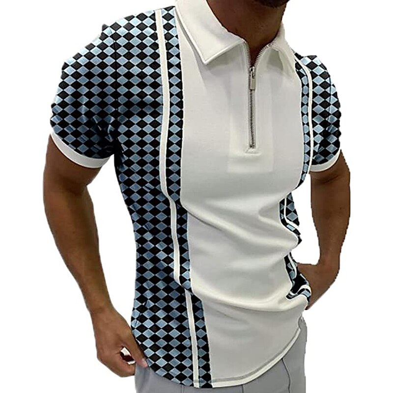 Men's Golf Shirt Plaid Striped Collar Black Yellow Navy Blue Blue Khaki Outdoor Street Short Sleeve Zipper Casual Comfortable  Polo Shirt