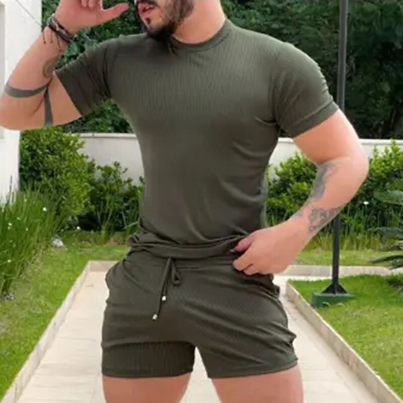 Men's 2 Pieces Outfits Stretch Slim Basic Short Plain Crewneck Daily Wear Short Sleeves Fashion Sport Casual 2 Piece Suit 