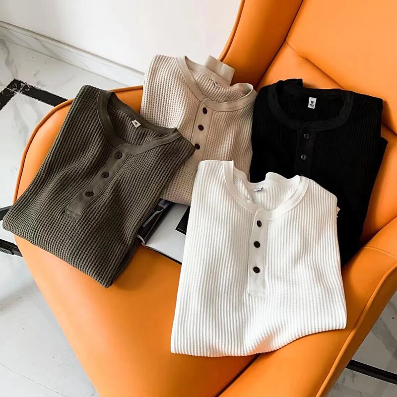 Men's Casual Solid Color Button-Down Long Sleeve Round Neck Shirt