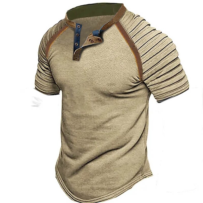Men's Henley Shirt Slim Pleated Henley Outdoor Vacation Short Sleeves Button  Streetwear