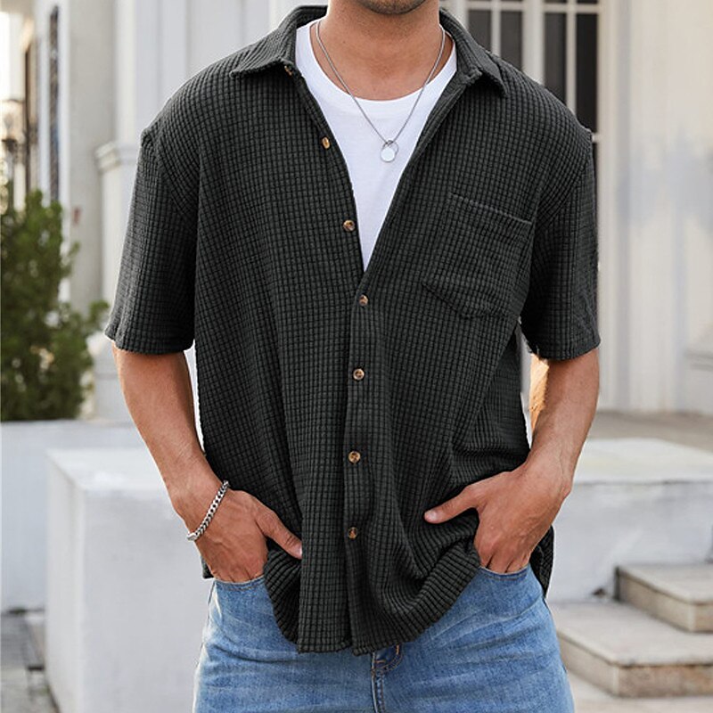 Men's Button Up Casual Summer Waffle Shirt Short Sleeve Plain Lapel Daily Vacation Front Pocket Comfortable Shirt 