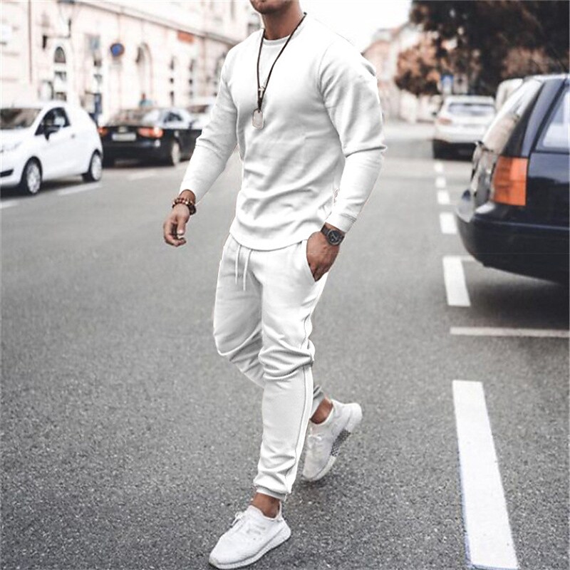 Men's Solid Crew Neck Shirt Elastic Waist Pocket Pant Tracksuit