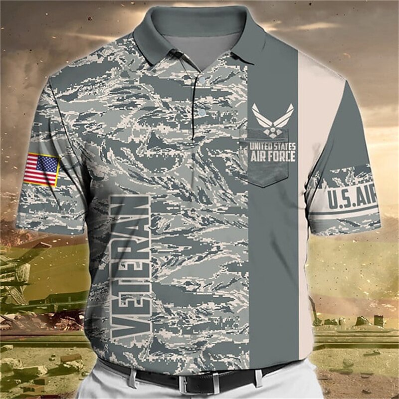Men's Button Up Polo Shirt  Graphic Prints Camo / Camouflage Veterans Turndown Outdoor Street Short Sleeves Print Sports Golf Shirt