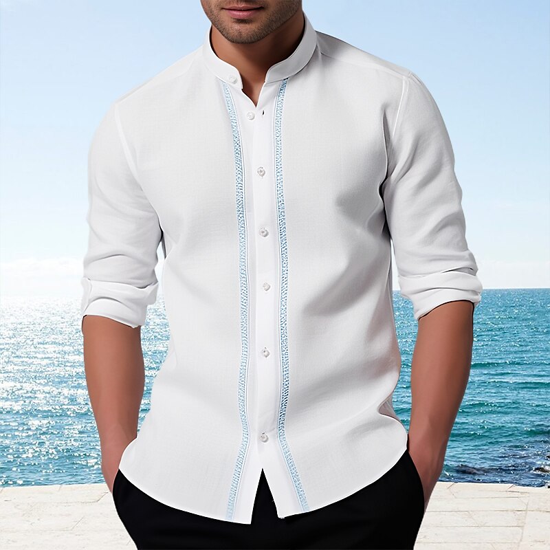 Men's Guayabera Button Up Casual Shirt Summer Shirt  Long Sleeve Patchwork Band Collar Casual Comfortable Shirt