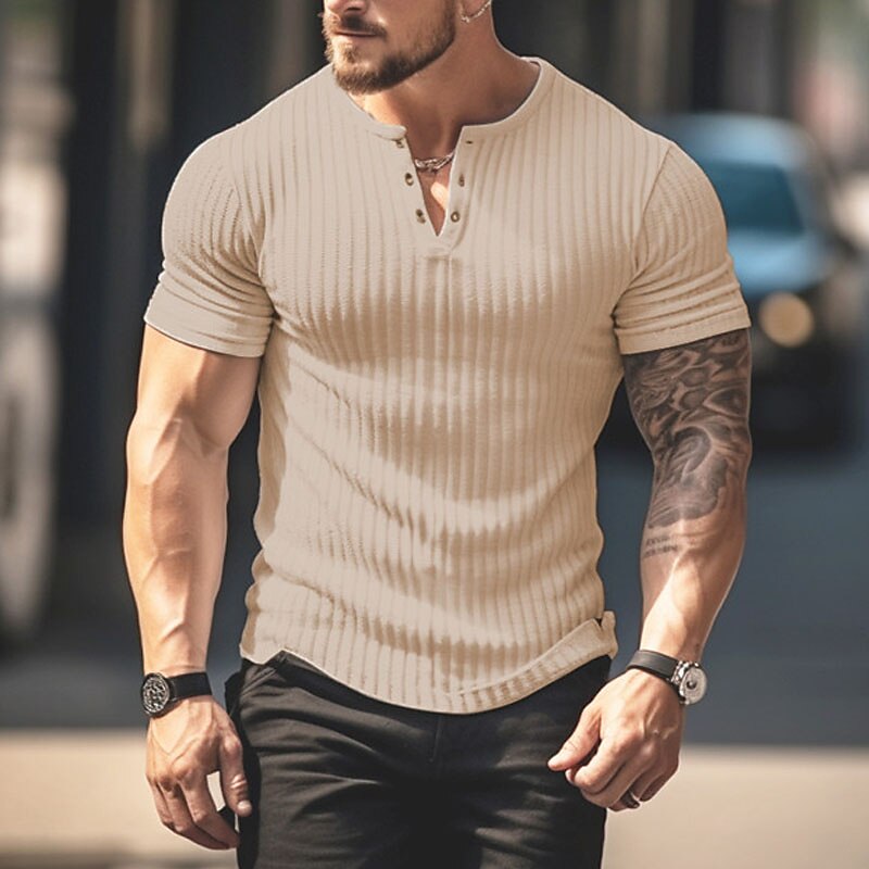 Men's Henley Shirt Tee Top Plain Pit Strip Henley Street Vacation Short Sleeves Clothing Apparel Fashion Designer Basic Top