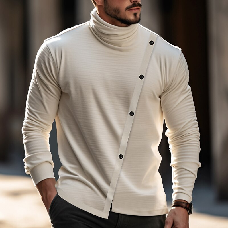 Men's T shirt Plain Turtleneck Street Vacation Long Sleeve Button Clothing Apparel Fashion Designer Basic Top 
