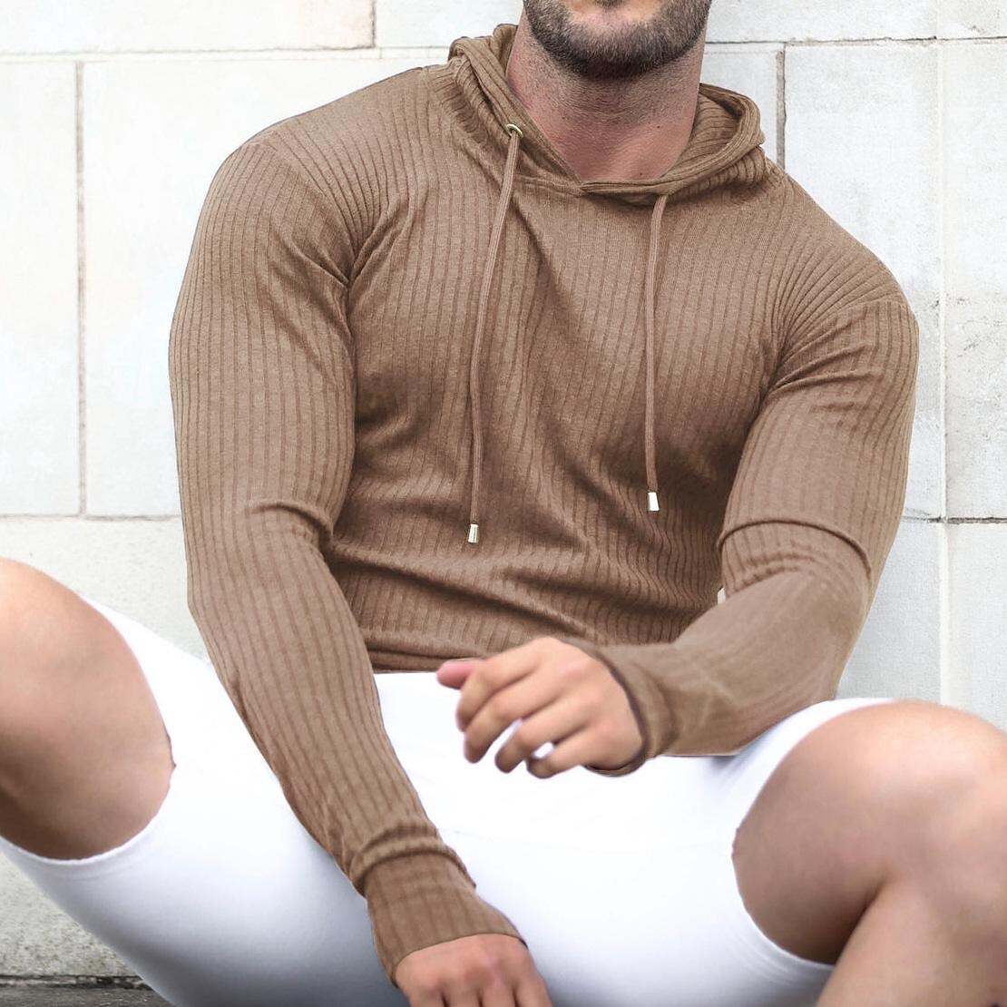 Men's Sports Muscle Solid Color Knit Long-sleeved Hooded Sweatshirt