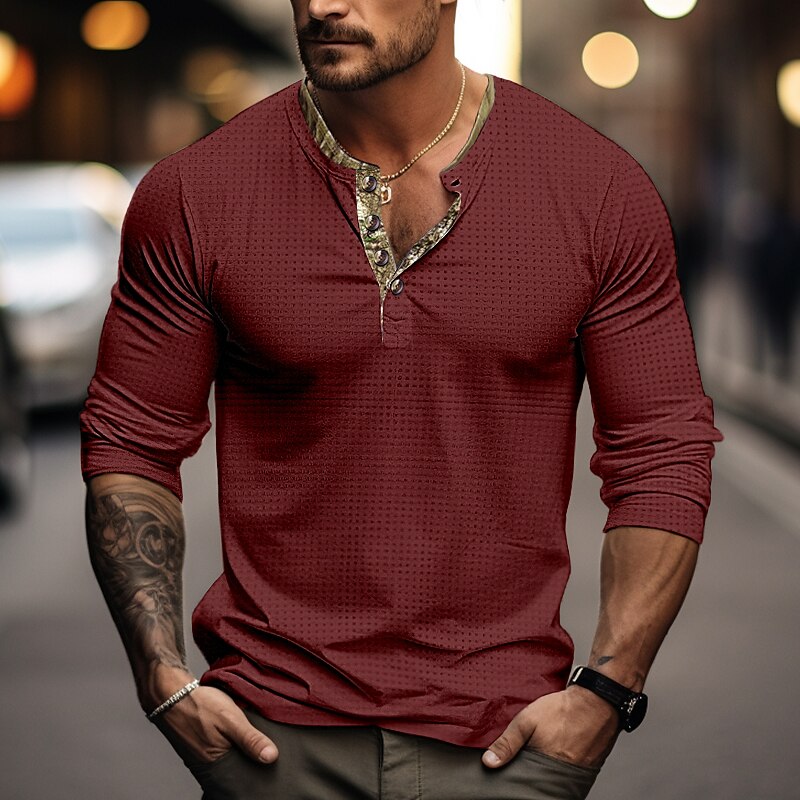 Men's Waffle Henley Shirtt Top Patchwork Henley Street Vacation Long Sleeve Fashion Designer  Henley Shirt