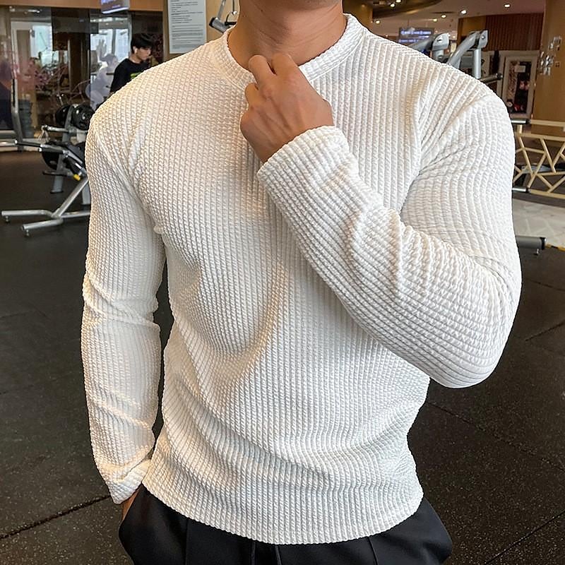 Men's Casual Sports Solid Color Knitted Long-sleeved Round Neck Tops