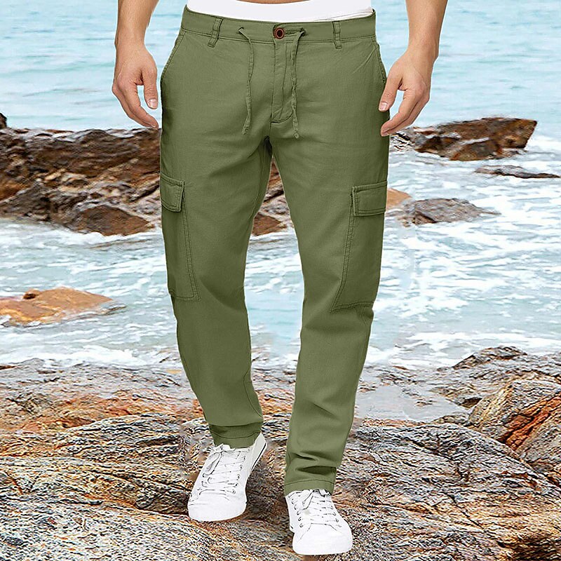 Men's Linen Summer Pants Multi Pocket Plain Comfort Breathable Outdoor Daily Going out Linen / Cotton Blend Trousers 