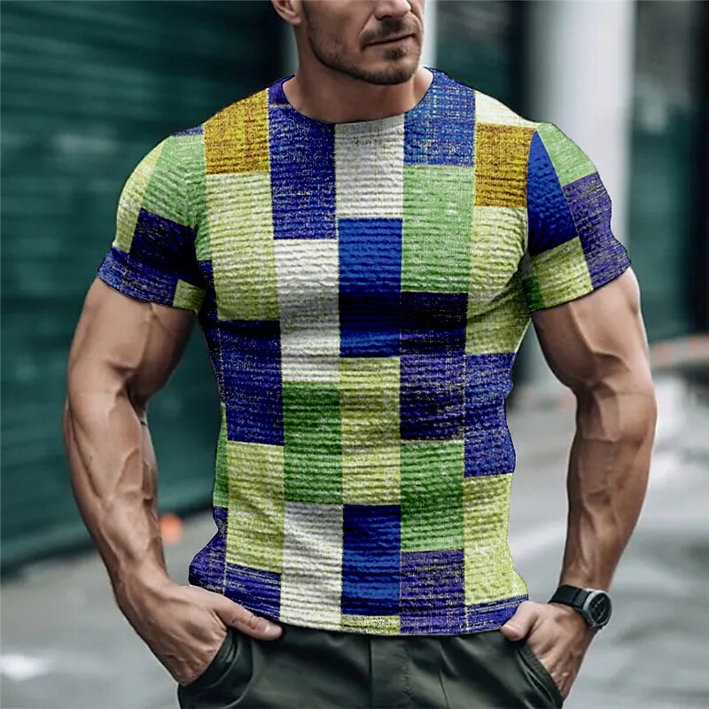 Men's Waffle T Shirt Graphic Plaid Color Block Crew Neck Print Outdoor Short Sleeve Casual Top