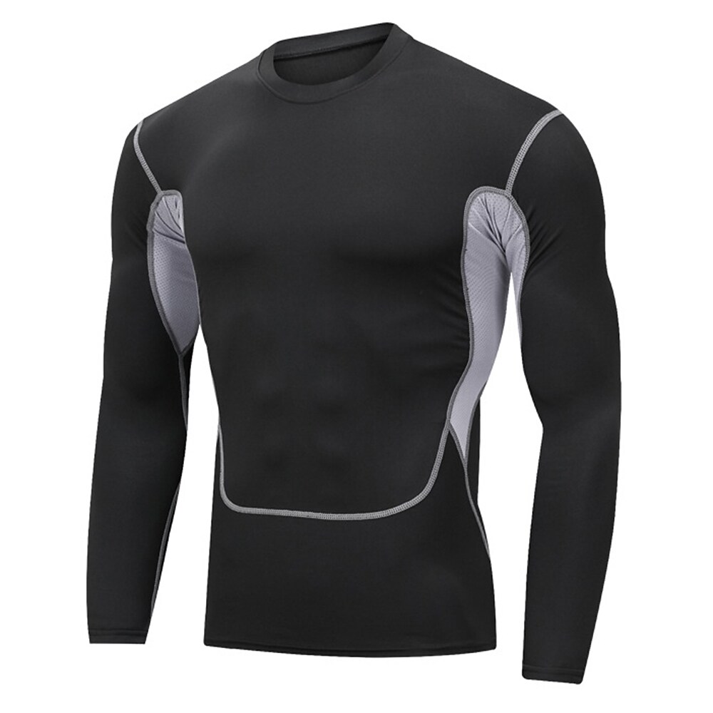 Men's Compression Running Patchwork Long Sleeve Athletic Breathable Quick Dry Soft Running Jogging Training Sportswear 