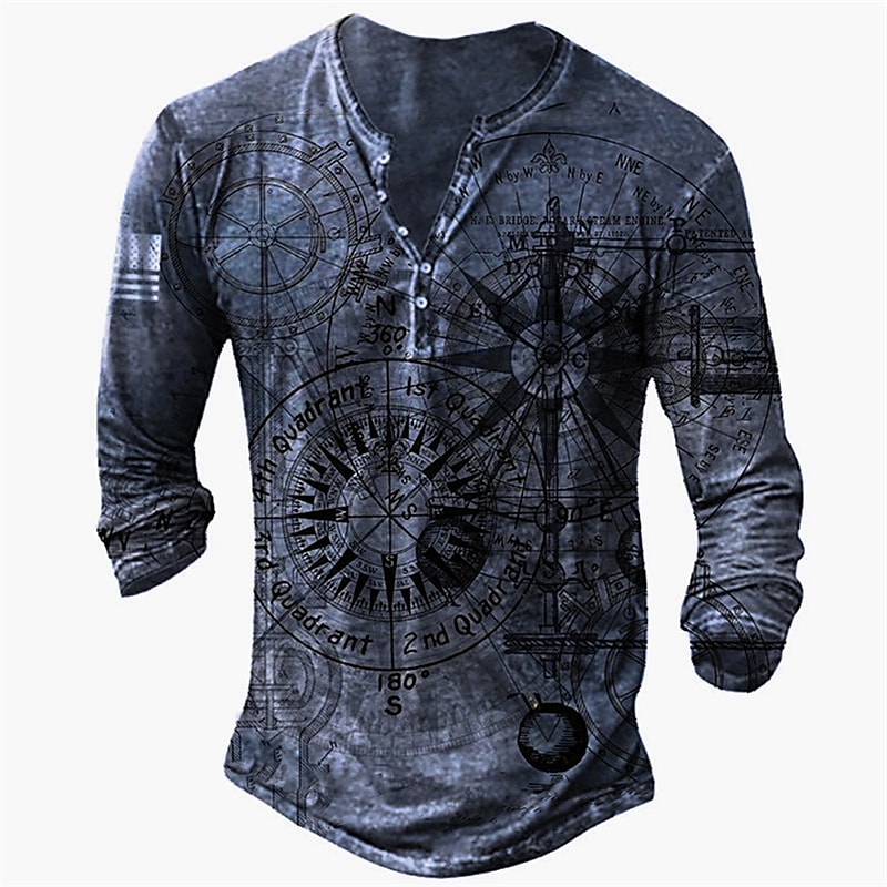 Men's T-shirt Henley Shirt Graphic  Long Sleeve Button-Down Print