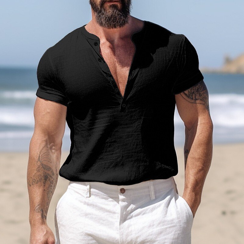 Men's Beach Casual Holiday Fashion Breathable Soft Light Plain Short Sleeve Henley Shirt